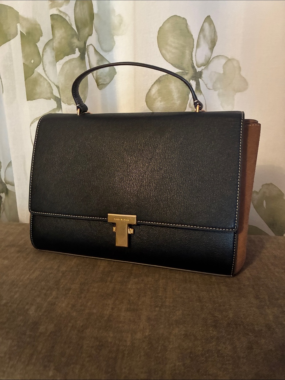 Tory Burch Structured Black Leather Top-Handle Satchel with Gold Accent